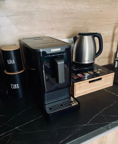 a coffee maker and coffeemaker sitting on a counter at Apartmán Na Břehu Lipna in Černá v Pošumaví