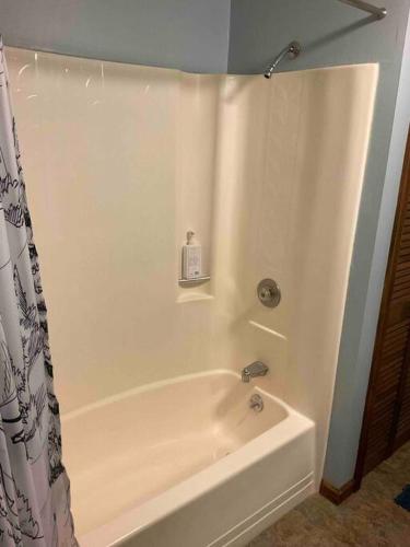 a white bath tub with a shower curtain in a bathroom at Hawkeyes Rest in Johnsburg