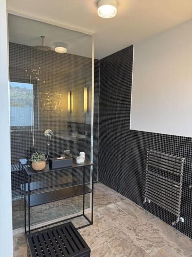 y baño con ducha y paredes de azulejos negros. en Holzapfelpalais, en Bad Mergentheim