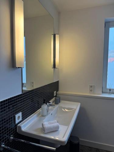 Un baño con un lavabo blanco y un espejo. en Holzapfelpalais, en Bad Mergentheim