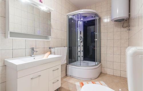 a bathroom with a shower and a sink and a toilet at Awesome Home In Meloni With Sauna in Karojba