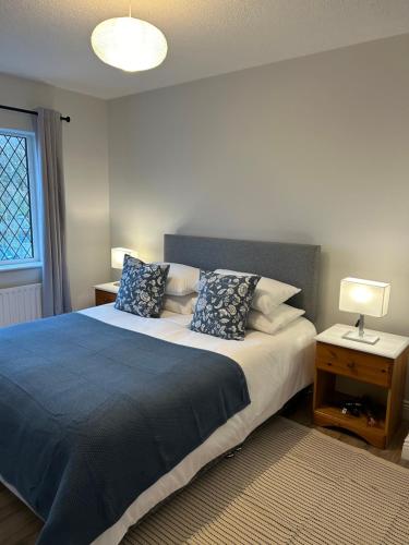 a bedroom with a large bed with blue sheets and pillows at The Perfect Place in Ennis