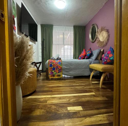 a living room with purple walls and a couch at Homestal California Hostal en Tlaquepaque in Guadalajara