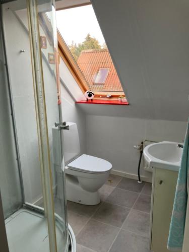 a bathroom with a toilet and a sink with a window at Tante Jannis Sommerpension in Bogense
