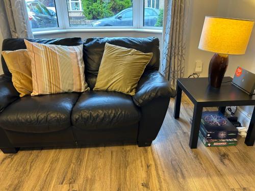 a leather couch with pillows on it in a living room at The Perfect Place in Ennis