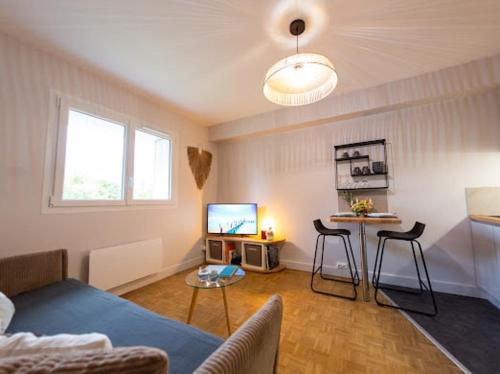 un salon avec un canapé et une télévision dans l'établissement Le Trésum - Lac et vieille ville, à Annecy