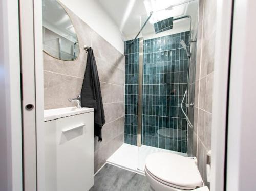 une salle de bain avec toilettes et douche en verre dans l'établissement Le Trésum - Lac et vieille ville, à Annecy