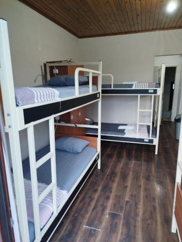 a room with three bunk beds and a wooden floor at Taksim City ivy Hostel in Istanbul