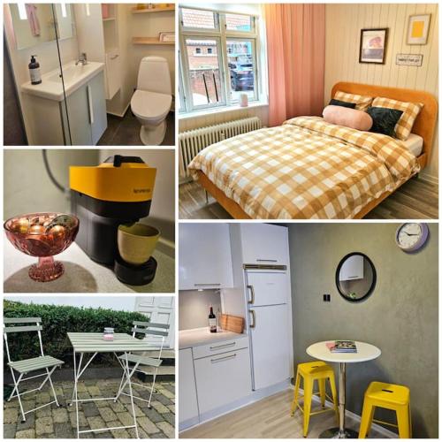 a collage of pictures of a bedroom with a bed and a bathroom at Idyllisk Mini-Hus i det charmerende Latinerkvarter in Viborg