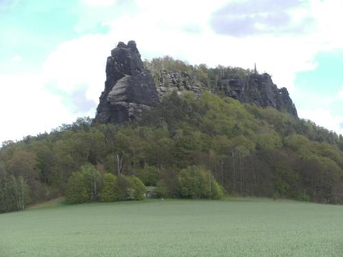 a large rock sitting on top of a green field at Ferienhaus am Ringweg in Bad Schandau