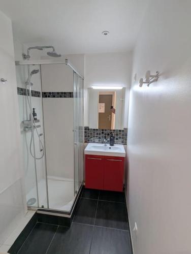 La salle de bains est pourvue d'une douche et d'une armoire rouge. dans l'établissement Studio équipé proche Tour Eiffel, à Paris