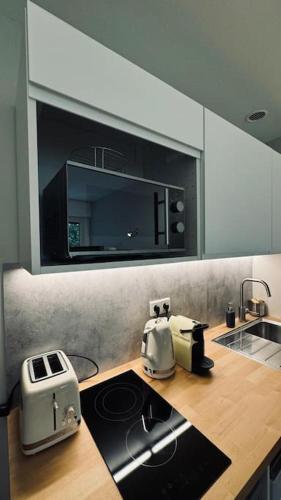 une cuisine avec un comptoir, un évier et des appareils électroménagers dans l'établissement Studio équipé proche Tour Eiffel, à Paris