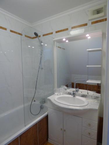 a bathroom with a shower and a sink and a tub at Escapade Sarah, appartement duplex in Fort-Mahon-Plage