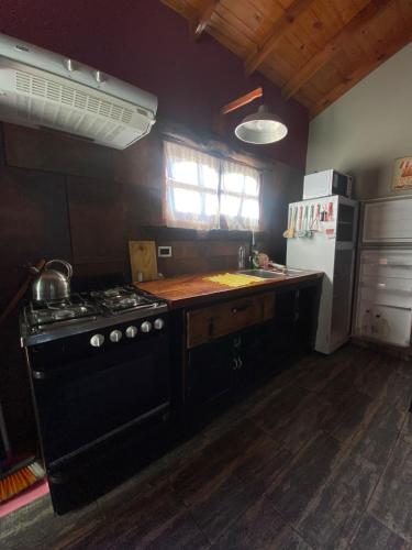 a kitchen with a black stove and a refrigerator at Vientos de mar in Mar del Tuyú