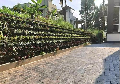 a retaining wall with plants and a brick sidewalk at Urbane Cove in Trivandrum