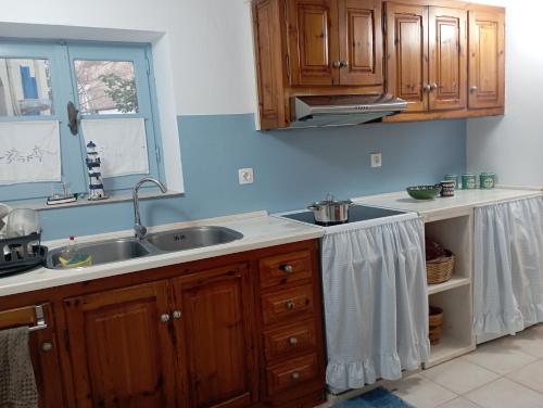 a kitchen with wooden cabinets and a sink at Pano Chorio Tilos in Megálon Choríon