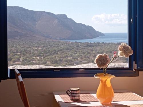 a vase with flowers on a table in front of a window at Pano Chorio Tilos in Megálon Choríon