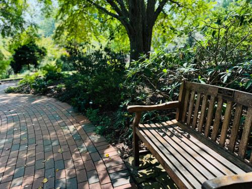 a wooden bench sitting next to a brick walkway at Excelsior at the Manor House in Clemmons