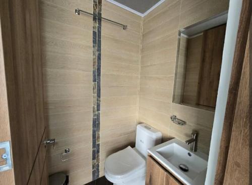une salle de bain avec toilettes et lavabo dans l'établissement MN 501 Espectacular Apartamento Vista La Macarena Bogotá, à Bogotá