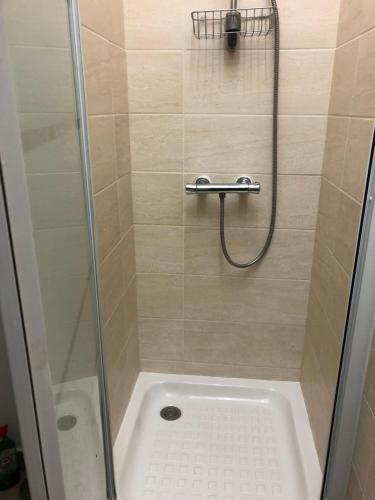 une douche avec une porte vitrée à côté d'un lavabo dans l'établissement Studio à Paris près du Pont Mirabeau et Tour Eiffel, à Paris