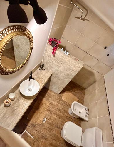 a bathroom with a sink and a mirror and a toilet at El Satélite in Cordoba