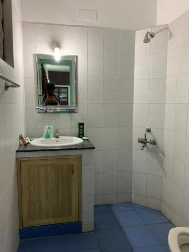 a bathroom with a sink and a mirror at Peaceful Pondy near Aurobindo ashram & ROCK BEACH in Pondicherry