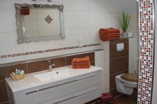 a bathroom with a sink and a toilet at Bio-Erlebnisbauernhof Doll in Nittenau