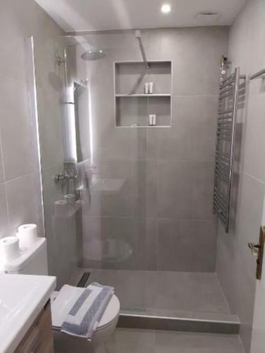 a bathroom with a shower with a toilet and a sink at Villa Rosanna in Plataria