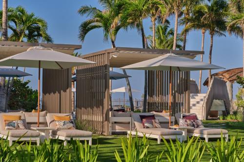 a group of chairs and umbrellas on a lawn with palm trees at The St. Regis Longboat Key Resort in Longboat Key