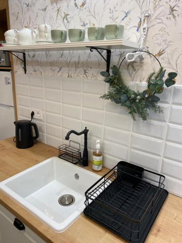 a kitchen counter with a sink and a shelf at MOM Boutique Rooms in Budapest