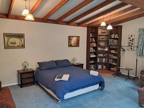 a bedroom with a bed and a book shelf at Niloc in Waimate