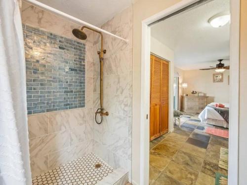a bathroom with a walk in shower next to a walk in shower at Ocean Front Paradise with Hot Tub in Hawaii in Keaau