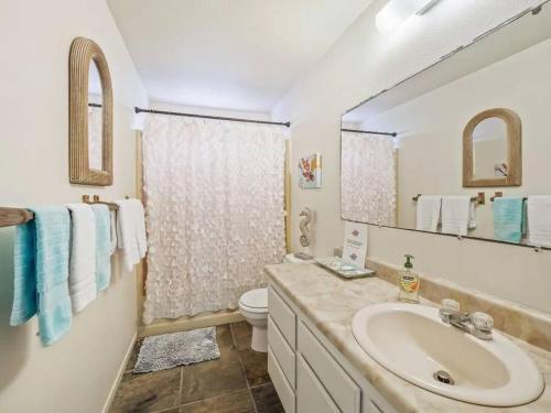 a bathroom with a sink and a toilet and a mirror at Ocean Front Paradise with Hot Tub in Hawaii in Keaau