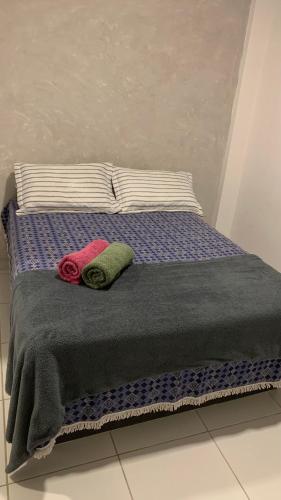 a bed with two pillows on top of it at Blue House Casa de temporada no brejo in Solânea