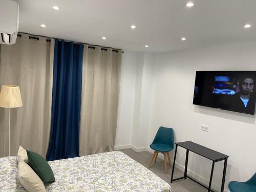 a bedroom with a bed and a tv on the wall at Estudios Nuevos Madrid Centro in Madrid