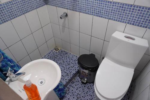 a bathroom with a white toilet and a sink at Posada Rabin Ajaw in San Juan La Laguna