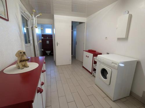 a kitchen with a dog sitting on a table in a kitchen at Chalet familial avec grand jardin et équipements pour enfants, à 500m du centre de Ban-sur-Meurthe - FR-1-589-33 in Ban-sur-Meurthe-Clefcy