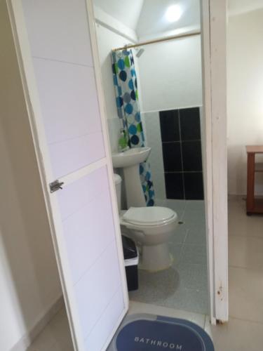 a bathroom with a toilet and a mirror at Hotel EL PALMAR TOURS in Arboletes