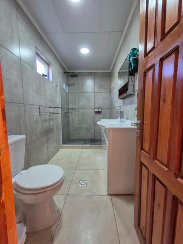 un bagno con wc, doccia e lavandino di Costasueños a El Calafate
