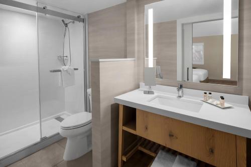a bathroom with a sink and a toilet and a mirror at Delta Hotels by Marriott Santa Clara Silicon Valley in Santa Clara