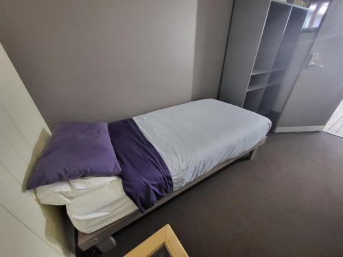 a small bedroom with a bed with purple pillows at Swansea Backpackers in Swansea