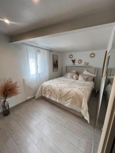 une chambre avec un lit et une grande fenêtre dans l'établissement Confort en centre ville à moins de 15 min d Orly, à Longjumeau