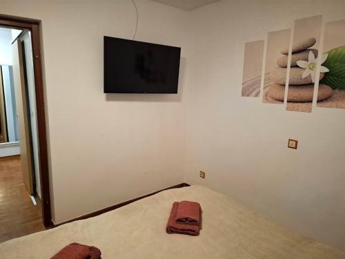 a room with a bed with a flat screen tv at Apartmani Delas 2 in Pješčana Uvala 