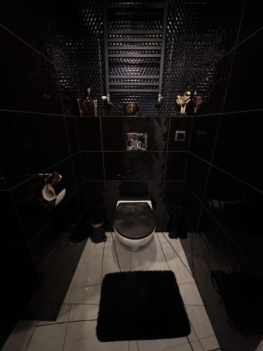a bathroom with a toilet in a dark room at WARSZAWA CENTRAL HOUSE - Studios in Warsaw with Private Jacuzzi, full access to Sauna, Gym and Billards - Studia z prywatnym Jacuzzi oraz dostępem do sauny, siłowni i bilarda in Warsaw