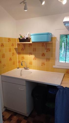 - une cuisine avec un évier et un bol bleu sur le mur dans l'établissement La maisonnette de rêverie, à Coullons