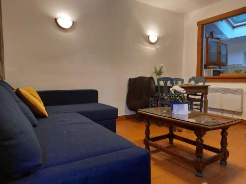 un salon avec un canapé bleu et une table basse dans l'établissement La maisonnette de rêverie, à Coullons