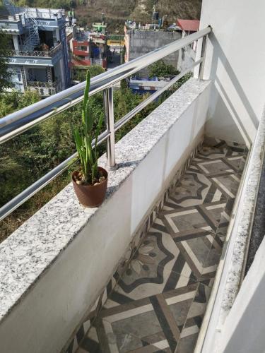 a plant sitting on the ledge of a balcony at Kathmandu Airport View Hotel And Lodge in Kathmandu