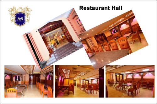 un collage de cuatro fotos de un salón de restaurantes en Hotel Sai International, en Paralākhemundi