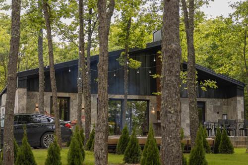 a house in the woods with a car parked in front at Zen Villas 1 - Zen Retreat in Gjilan