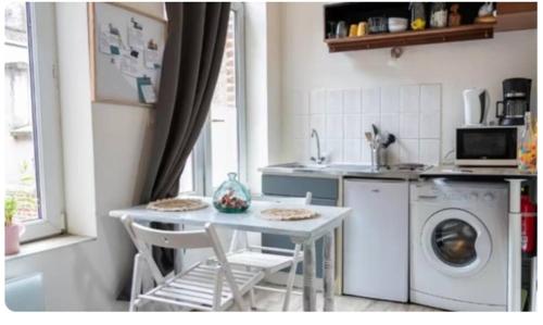 une cuisine avec une table et une machine à laver dans l'établissement Studio entier 1 pièce et salle de bain, à Lille